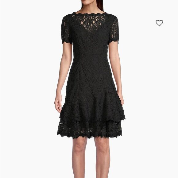 Shani Black Floral Lace Layered Mini Cocktail Dress | 2 - Picture 1 of 11